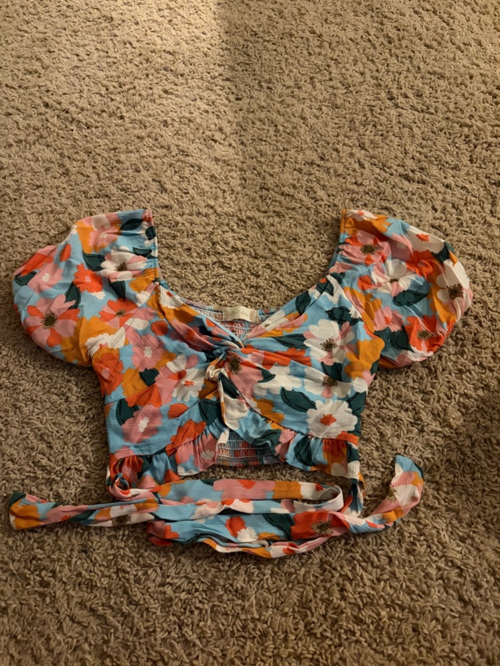 Floral Tie-Front Puff Sleeve Crop Top